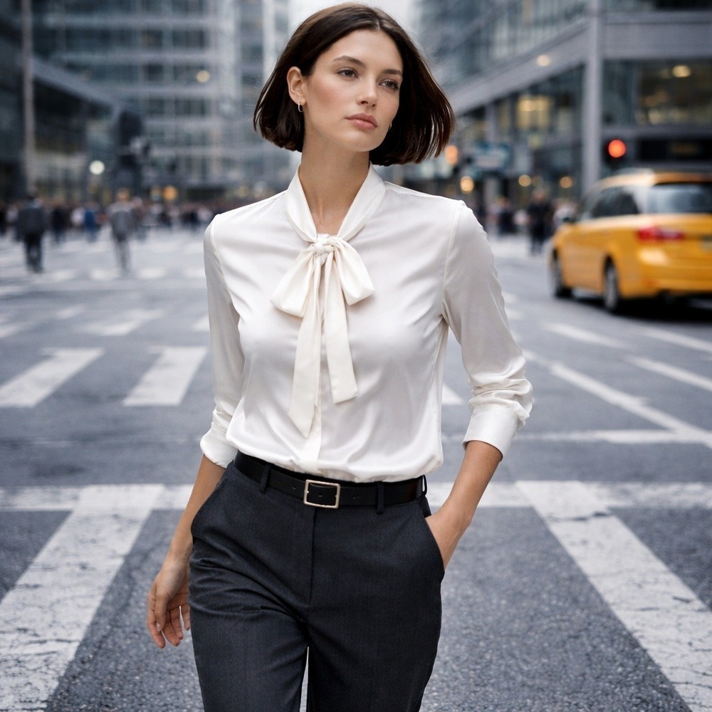 Vintage Women's Small Silky Satin Blouse Tie Neck Minimalist Elevated Basic